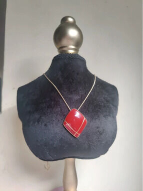 Vintage Crown Trifari Red Enamel Pendant with Gold Tone Chain Necklace